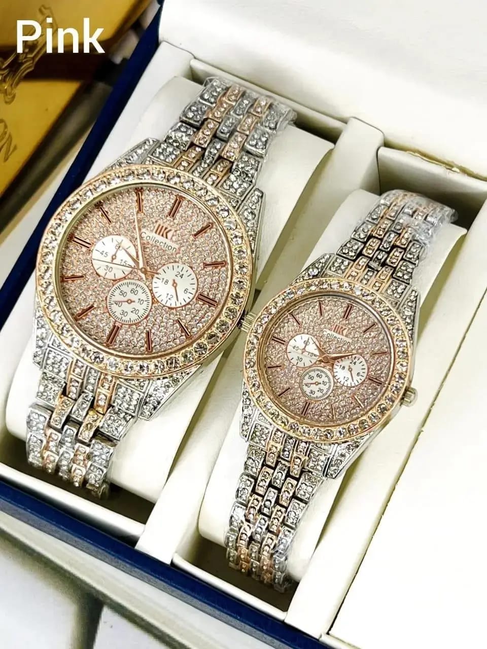 Luxury Silver & Peach Couple Watch Set – Premium Diamond Edition